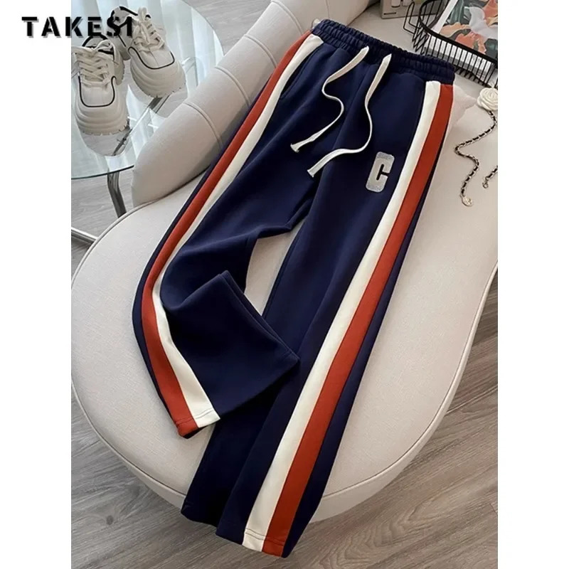 Korean Fashion Casual Sporty Two-piece Set Women Letter Print O-neck Sweatshirt Drawstring Trousers Sets Sports Pants Suits 240807