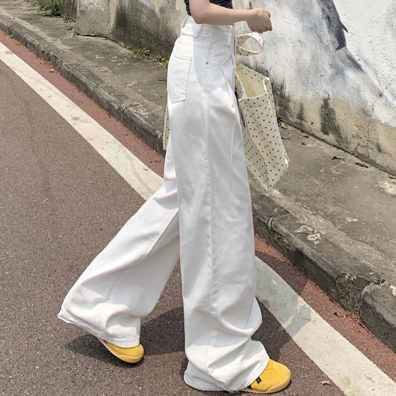 White Pleated High Waisted Straight Leg Denim Jeans For Women Loose A Drooping Feeling. Instagram Solid Fashion Denim Pants 240807