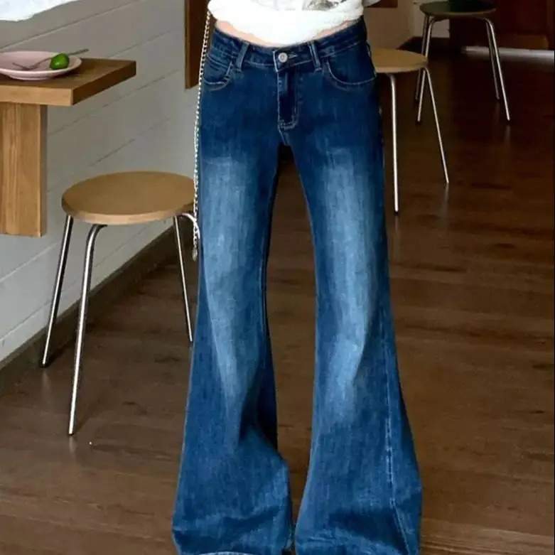 Flare Jeans Low Waist Woman High Waist Y2k Lady Elastic Slim Fit Denim Bell Bottom Pants Female Vintage Retro Blue Trousers 240807
