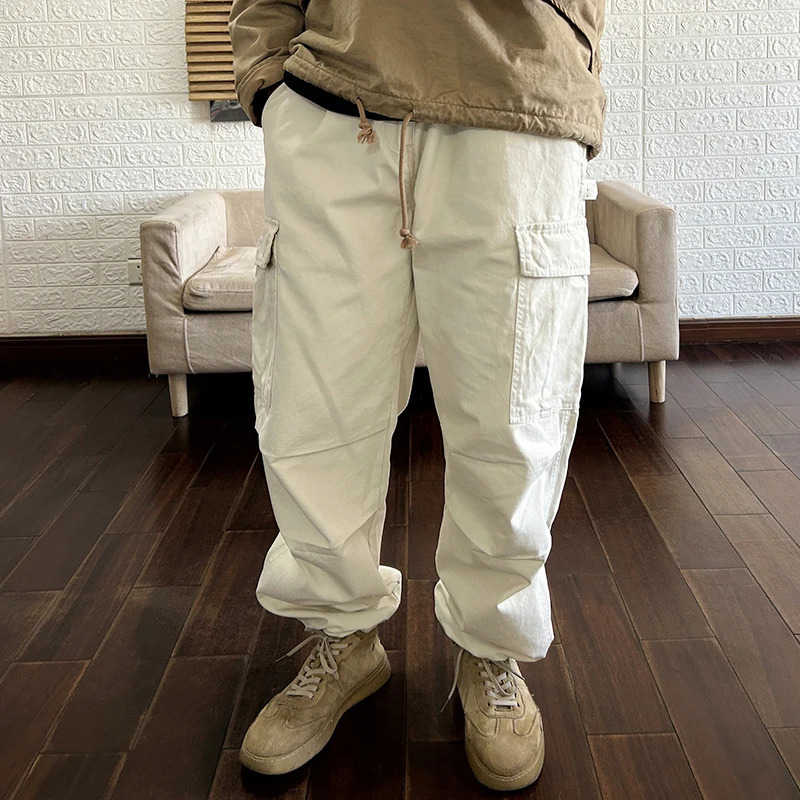 Heavyweight Thick Washed Cotton Mens Pants Spring American Casual Style Wear Cargo Trousers Loose Straight Pockets Work 240806