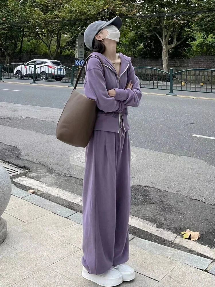 Spring Autumn Solid Color Women Sports Suit Korean Style Zippers Hooded Top And Elastic Waist Wide Leg Trousers Leisure 2pcs Set 240807