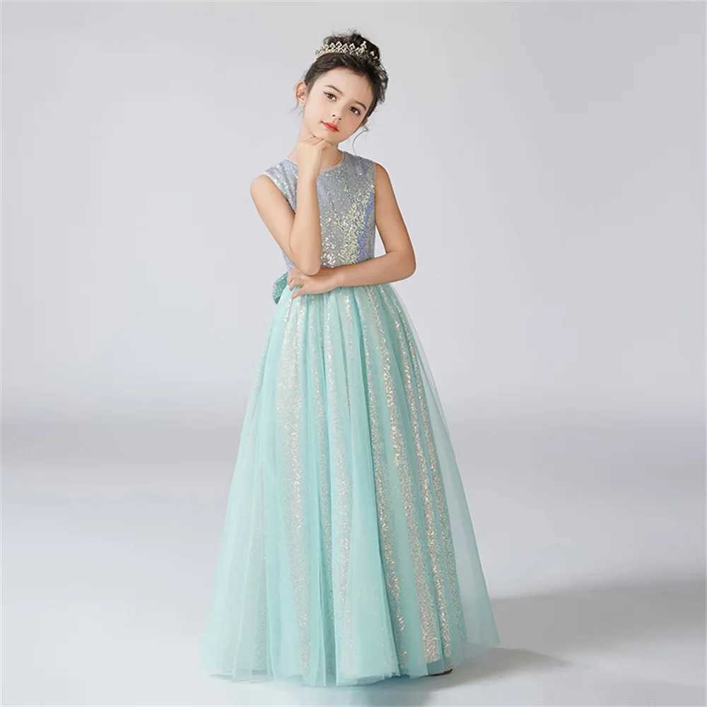 -neck Girl Dress Sparkling Flower Gaul Flower Girl Dress Sleeveless Childrens Birthday Formal Princess DressW240720