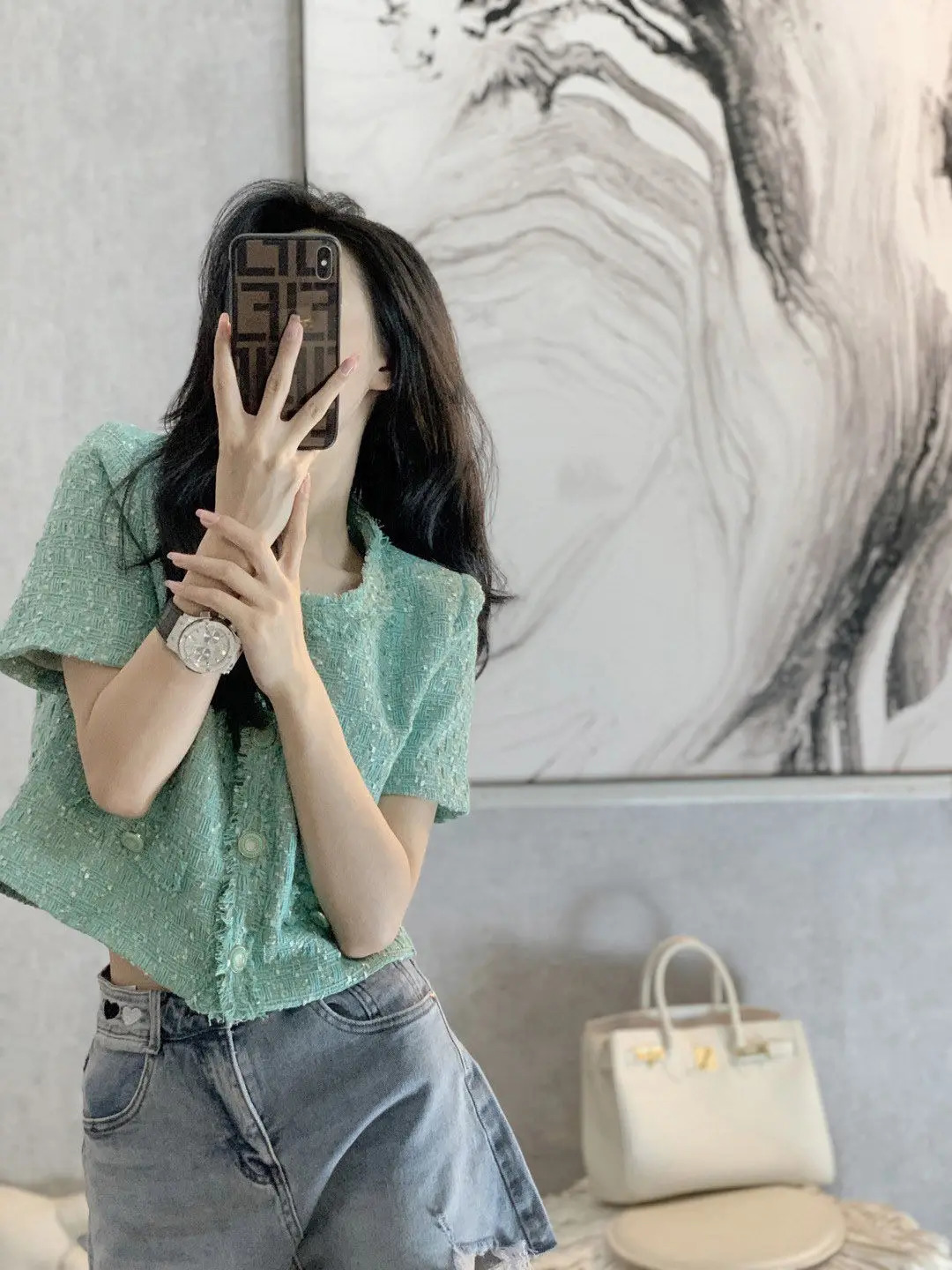 Vintage Fragrant Short Sleeve Jacket Womens Spring/Summer Versatile Fashion Tweed Greent Coat 240806