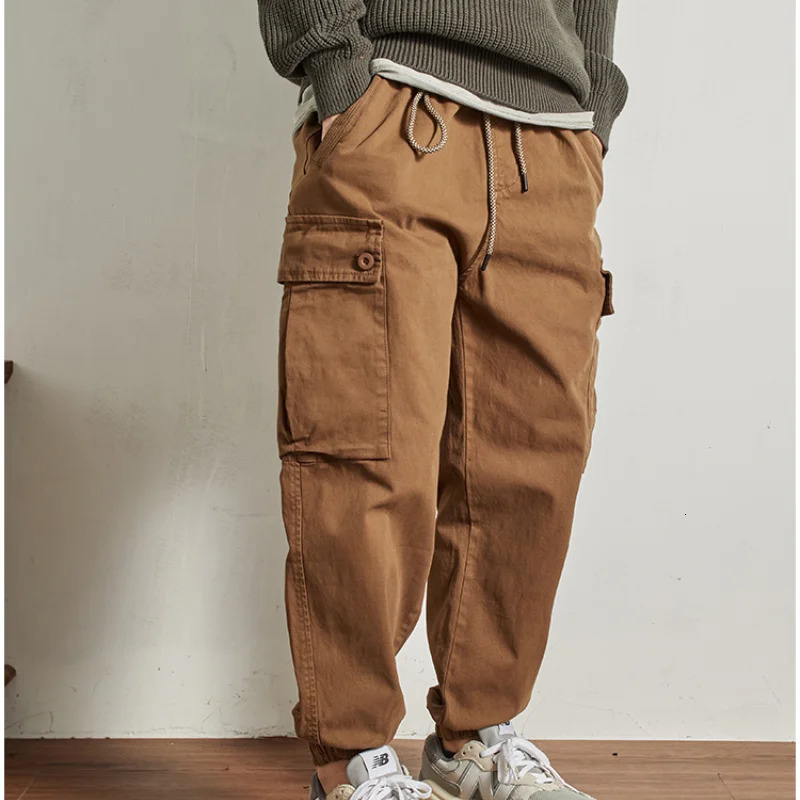 Multipocket work dress foot pants mens casual stretch garment washed to make old loose trend elastic waist Haren 240806