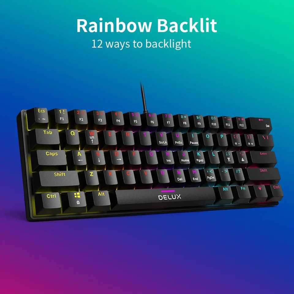 Delux KM36 Gaming Mechanical Wired 61 Keys Kercaps Keyboard Rainbow Backlit Mini Size Full Function For Notebook DesktopM240715