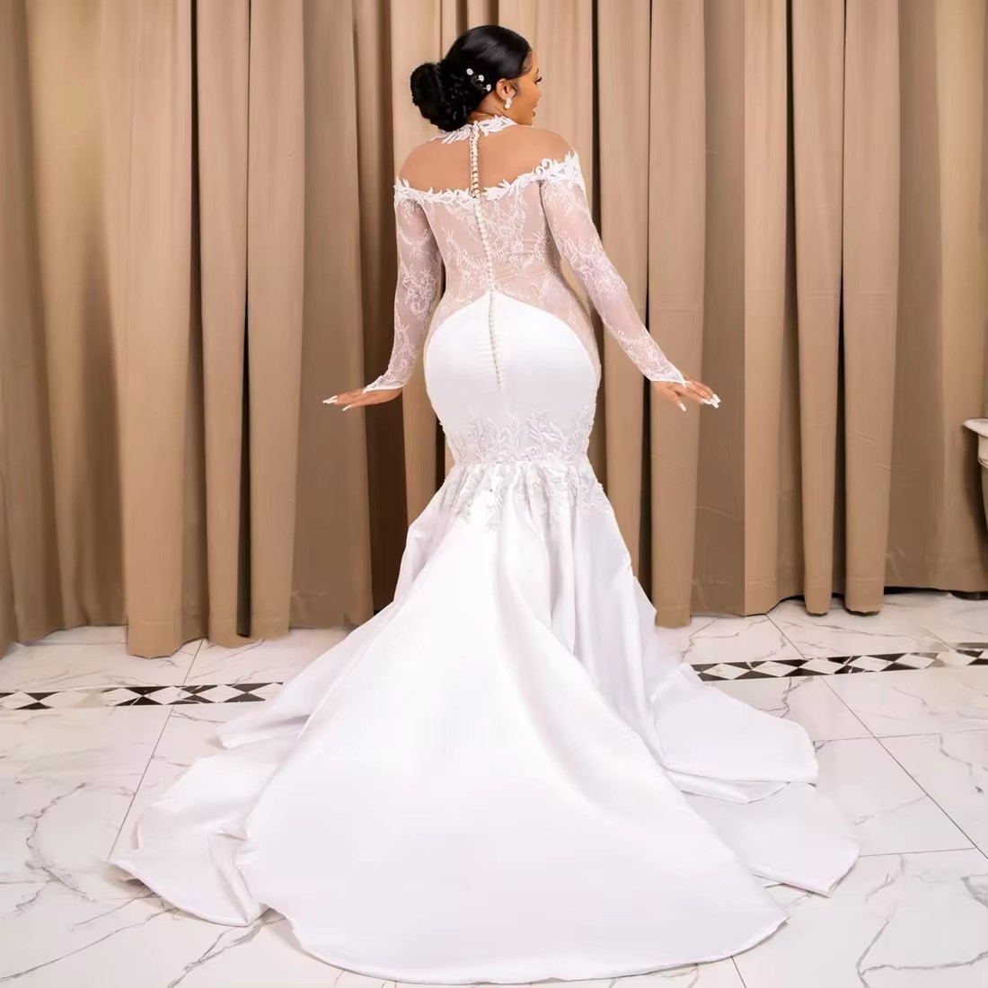 New Style High Neck See Through Lace Wedding Dress for Bride 2025 Robe De Marriage African Long Sleeves Bridal Gowns