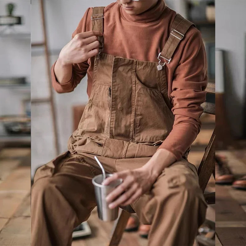 Retro American Cotton Overalls Bibs Loose Washing Jumpsuit Mens Suspenders Four Seasons Full Length Baggy Pants 240806