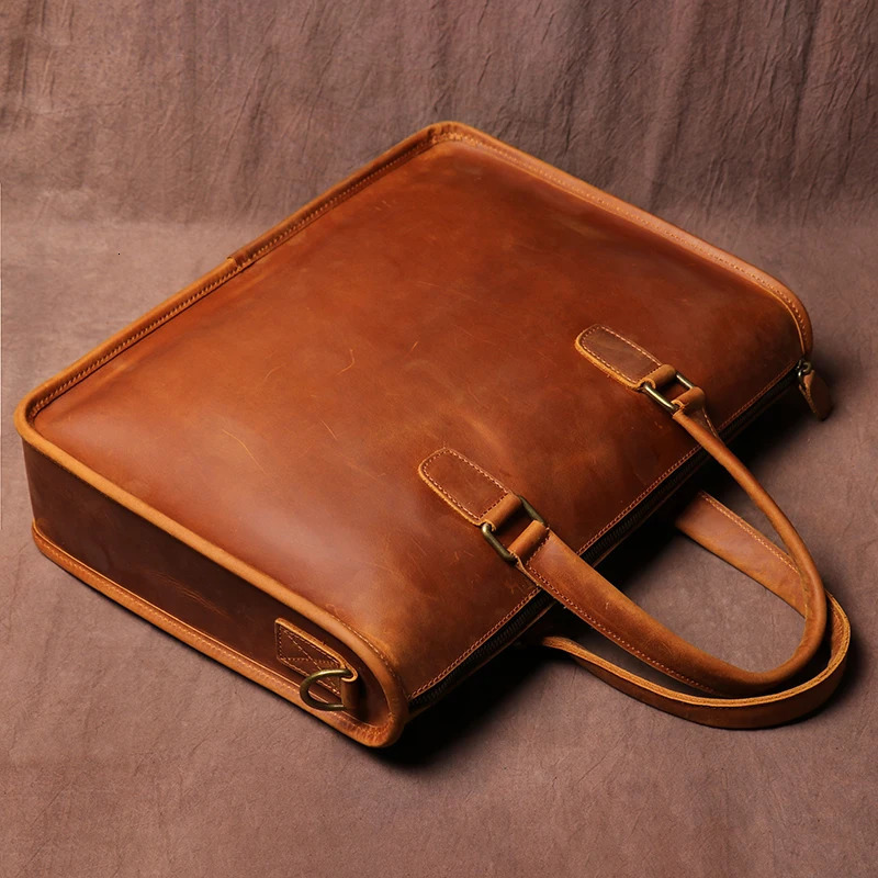 Vintage Leather Handbag Mens Executive Briefcase Original Cowhide Business Shoulder Dee Laptop Computer Bag