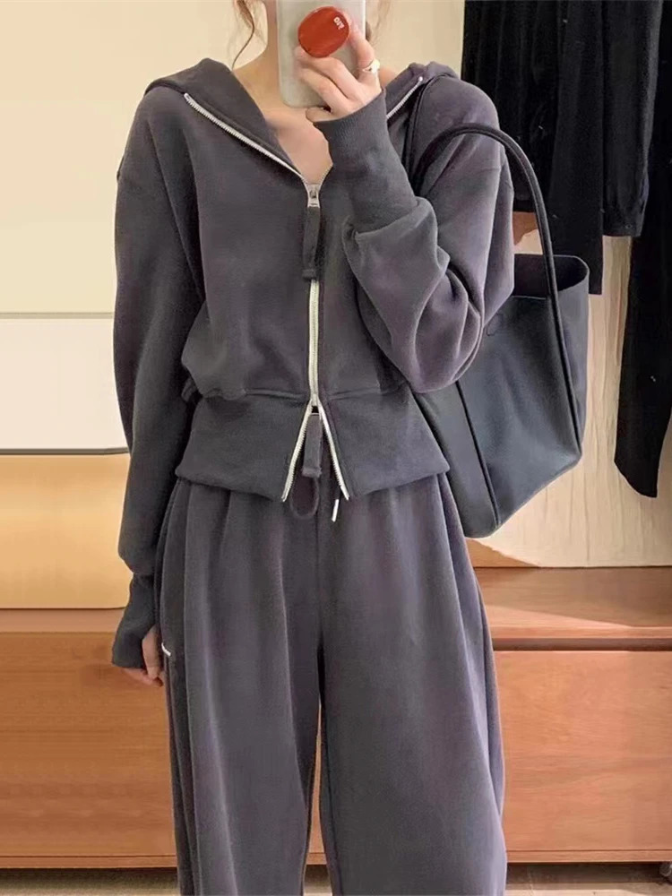 Spring Autumn Solid Color Women Sports Suit Korean Style Zippers Hooded Top And Elastic Waist Wide Leg Trousers Leisure 2pcs Set 240807