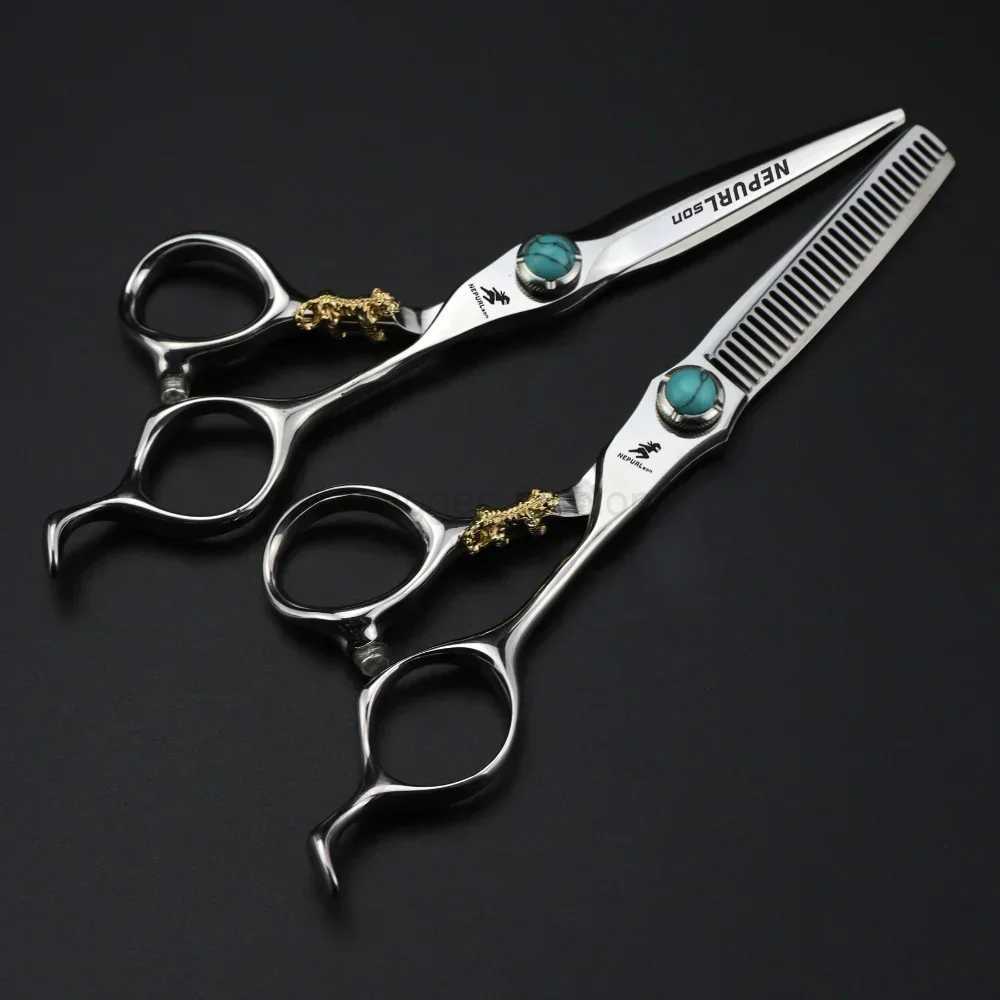 Professional 440c steel 6 green gem hair scissors cutting barber tools Tiger haircut thinning shears hairdresser scissorsXJ240807