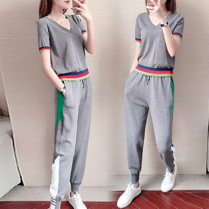 Sports Suit Womens Summer Style Fashion Loose Casual Short Sleeve Color Matching Leggings Two-piece Set Tracksuit 240807