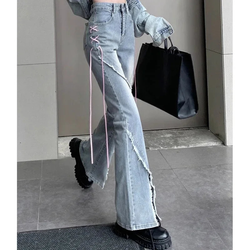 Woman High Waist Y2k Flare Jeans Girls Pink Strap Harajuku Bell Bottom Pants Lady Fashion Spliced Light Blue Denim Trousers 240807