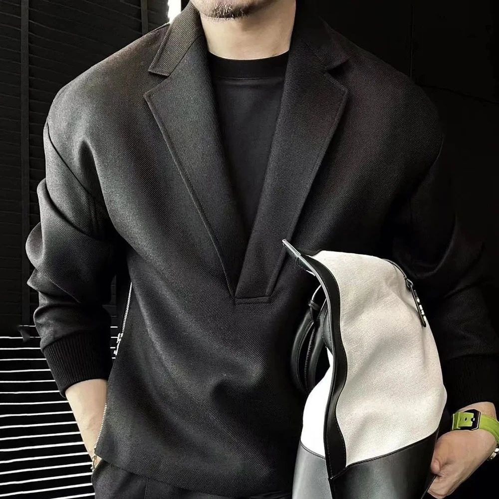 Mens Autumn Casual Simple Double-Sided Zipper Suit French Retro Elegant Solid Color V-Neck Light Mature Style Two-Piece Set 240806 - view 5