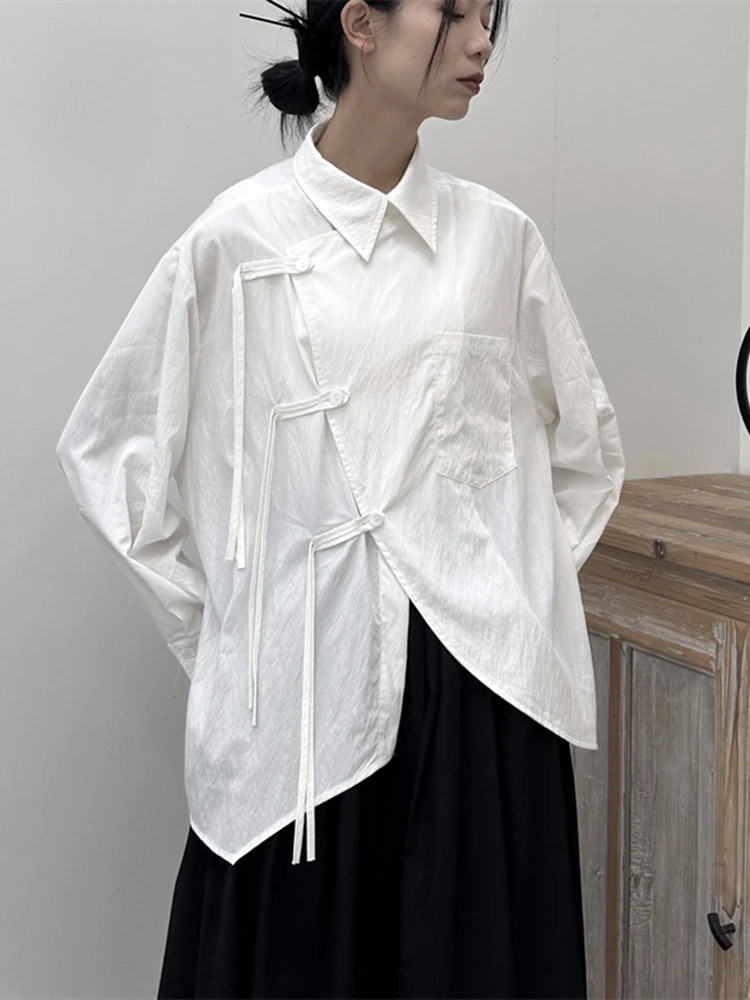 EAM Women White Buckle Irregular Big Size Blouse Lapel Long Sleeve Loose Fit Shirt Fashion Spring Autumn 1DF7846 240807