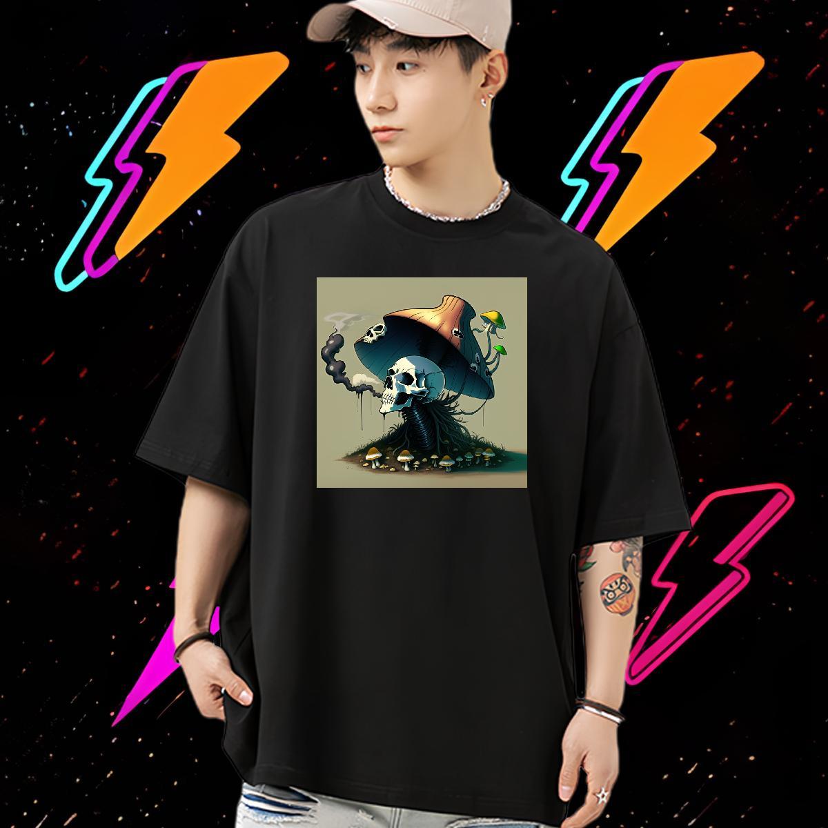 DIY T-Shirts for Men skull Clothings 230g Pure Cotton Street wear Hip Hop Cool Anime Print Crew Neck Breathable Men Tops Tees