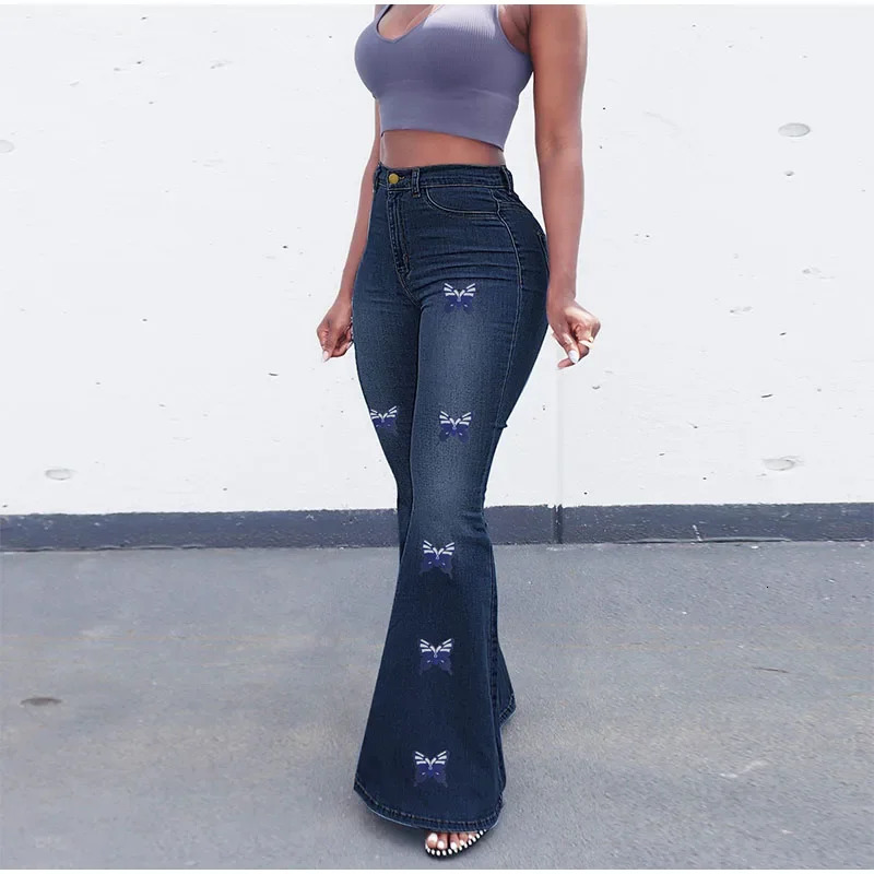 Plus Size Butter Fly Print Indie Aesthetic Flare Jeans 5XL Vintage Y2K Stretchy Skinny Melody Denim Pants Wide Leg Bell Bottoms 240807