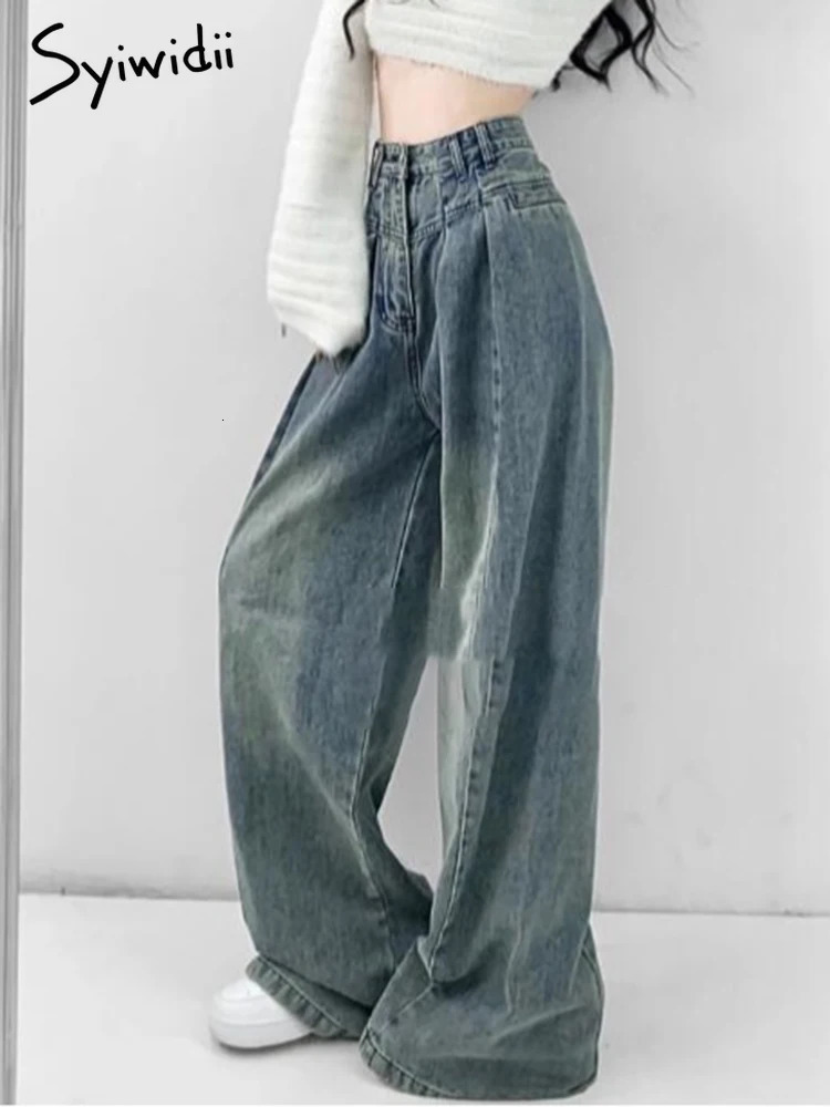 Syiwidii Jeans for Women Vintage Pleated Chic Casual Denim Pants Fashion Streetwear Loose Straight High Waist Jeans 240807