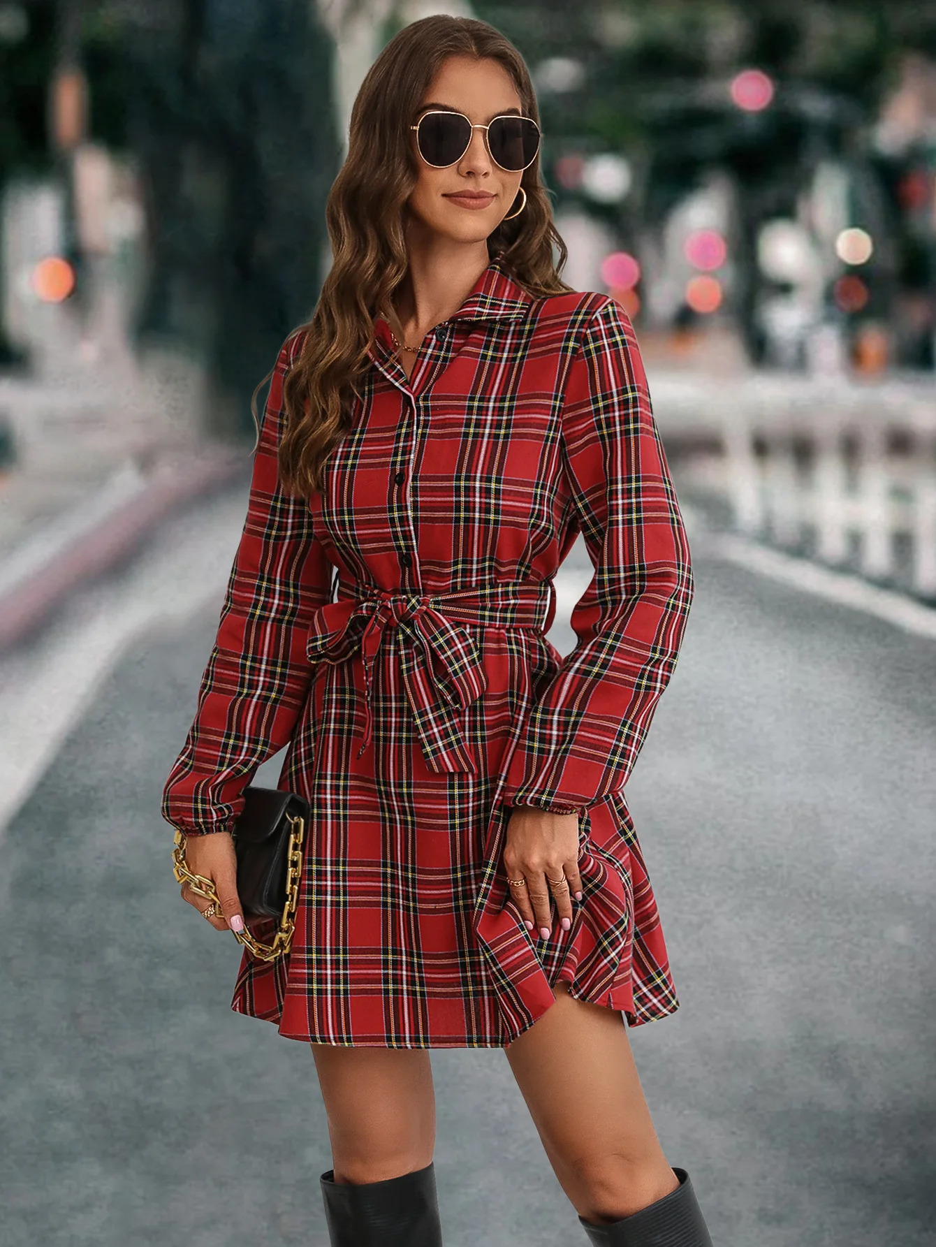 Spring and Autumn Womens Fashion and Elegance Casual Commuting Slim Fit Lacing Button Lantern Sleeve Plaid Shirt Dress 240807