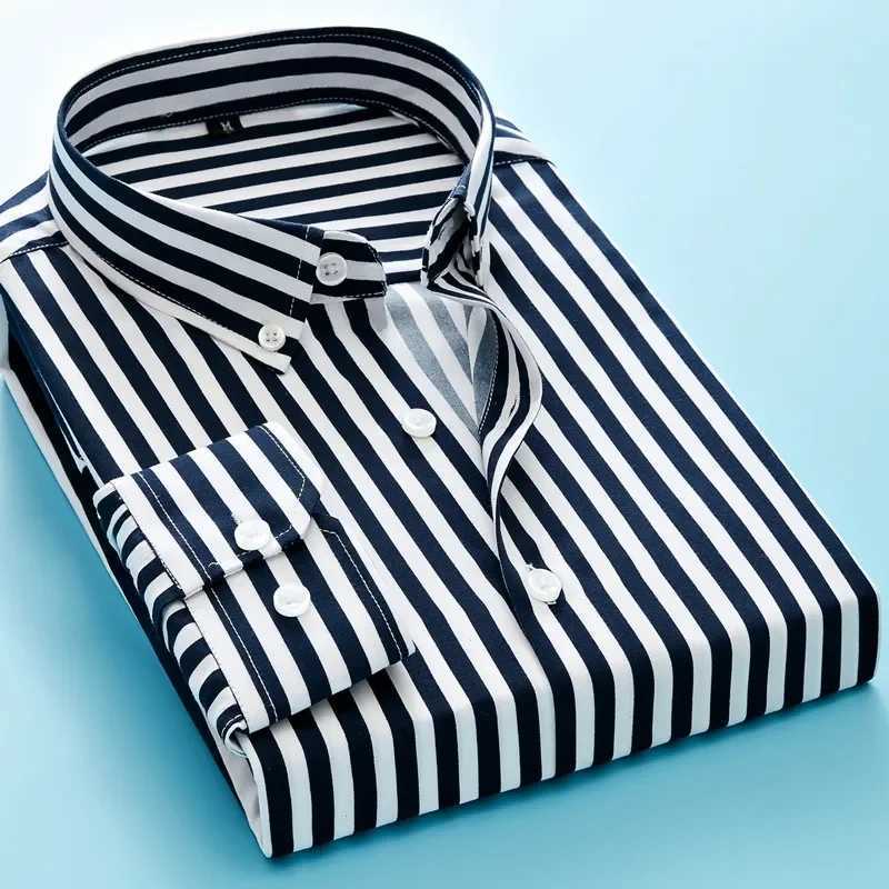 Mens Long Sleeve Blue White Striped Shirt Dress Fashion Standard-fit Button Down Shirts Blouse Men Hip-hop Streetwear CamisasM240807