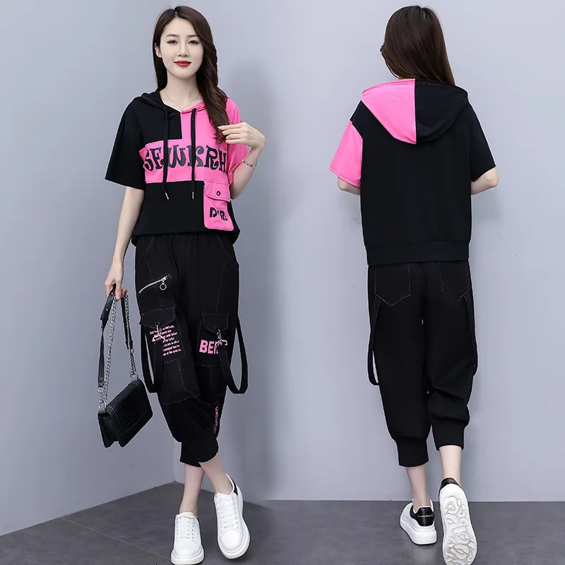 Fashion Casual Suit Female Summer Print Hooded Short Sleeve Top Casual Haren Pants Fashion Trend Sports Suit 240807