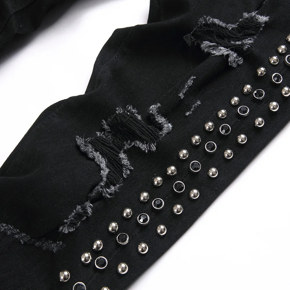 Men Punk Rivet Crystal Black Jeans Holes Ripped Denim Pants Streetwear Slim Tapered Stretch Trousers 240806