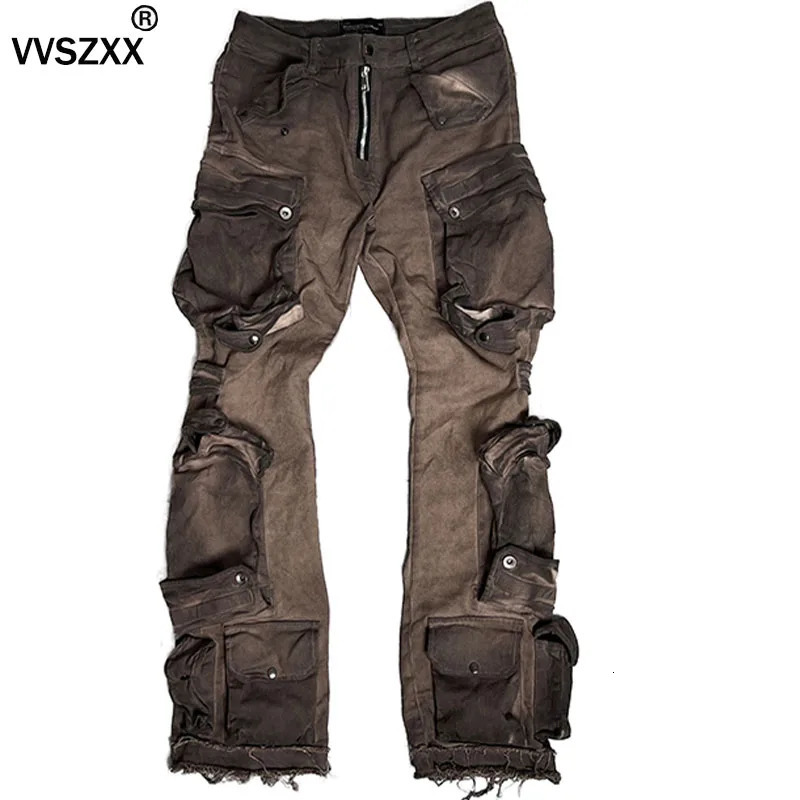 Heavy Industry Waste Soil Washed Multiple Pockets Cargo Pants Men Slim Fit Elastic Casual Trousers for Male 240806