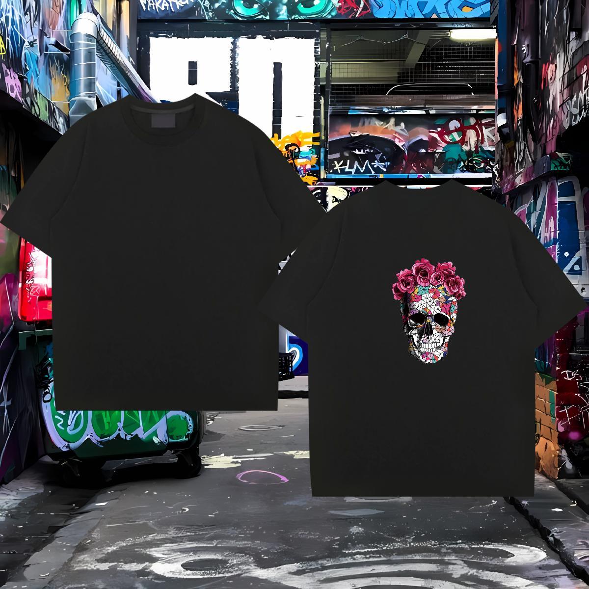 Custom T-Shirts skull Tops 100% Cotton 230g High Street Hip Hop Comfortable Plus Size Cartoon Short Sleeve O-Neck Couples T Shirts