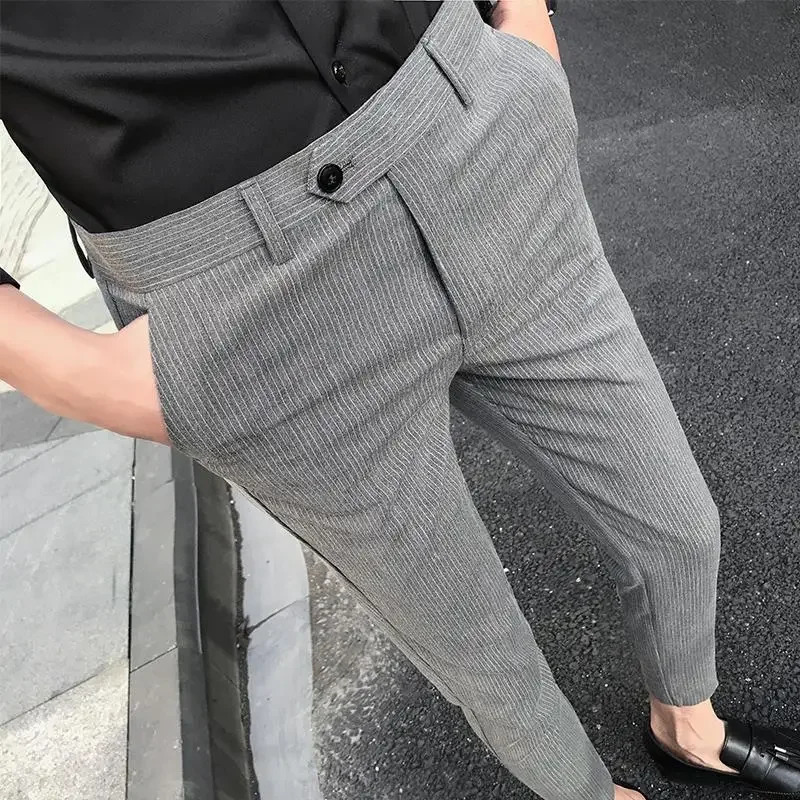 Business Man Suits Pants Striped Gray Trousers for Men Social Tailoring Spandex Up Vintage Korean Style Clothes Reviews Many 240806