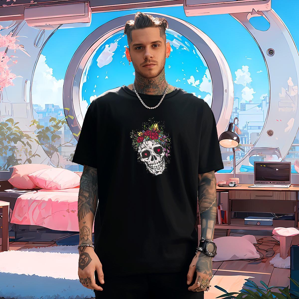 Fashion T-Shirts for Men skull Tee Shirt 230g 100% Cotton Street Cool Custom Print Plus Size Pure Cotton Men Tees