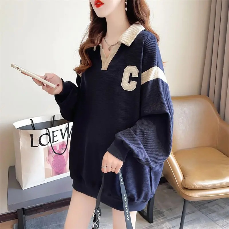Autumn and Winter Wons Pullover Turn Down Collar Patchwork Embroidery Fashion Casual Elegant Long Sleeve Hoodies 240806