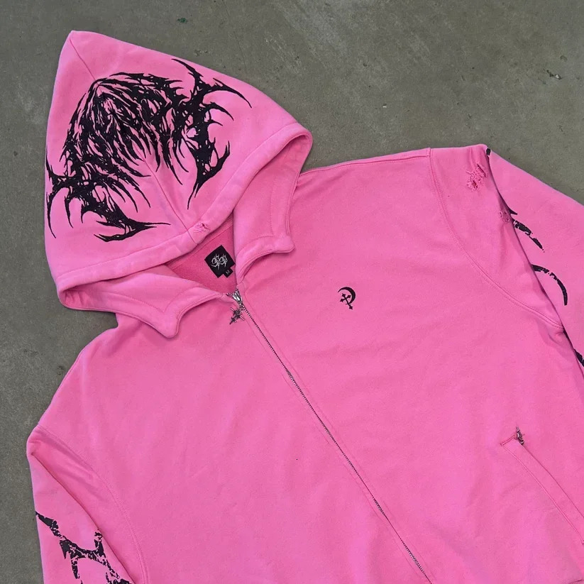 Y2K Zip Up Hoodie Gothic Hip Hop Letter Graphic Print Oversized Pullover Sweatshirt Men Women Harajuku Hoodies streetwear 240806