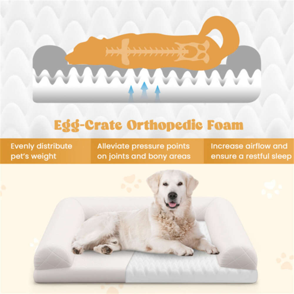 36 inch orthopedic egg foam dog box bed, three side pillow and removable washable bedspread, beige