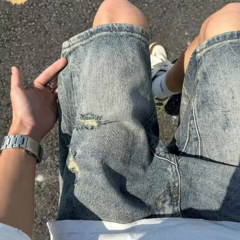 Vintage Ripped Denim Shorts Unisex Loose Fit Wide Leg Casual Style Lightweight Summerwear For Men Women 240807