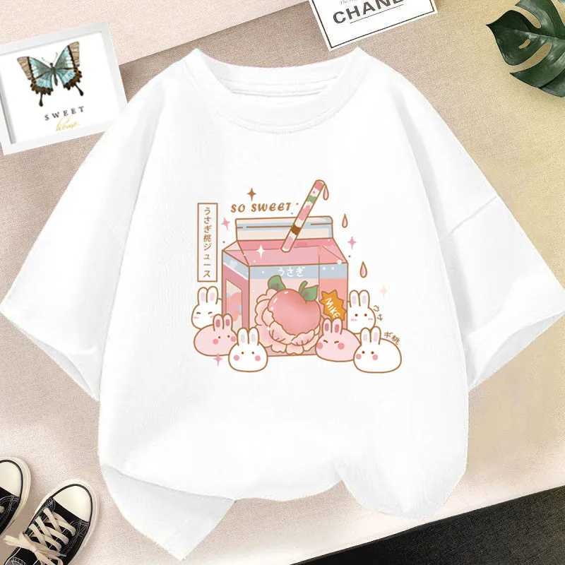 Cute strawberry milk milkshake cartoon T-shirt for girls childrens short sleeved graphic pink top T-shirtW240718