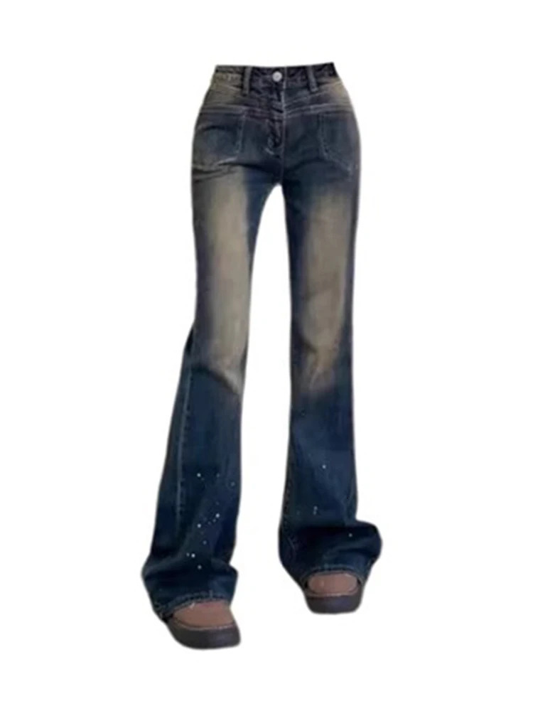 Fashion Blue Denim Flare Pants Women High Waist Slim Bell Bottoms Female Jeans Y2K Streetwear Gyaru Vintage American Retro 240807
