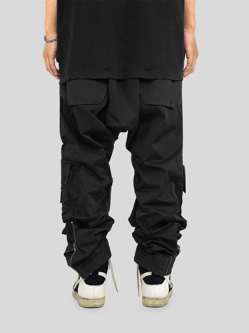 Designer Style Washed Distressed ThreeDimensional Cut MultiPocket Crotch Zipper AnkleTied Casual Pants for Men and Women 240806