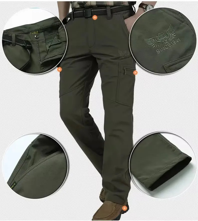 Winter Thick Fleece Warm Pants Men Casual Stretch Cargo Soft Shell Waterproof Outdoor Working Long Trousers Plus Size 4XL 240806