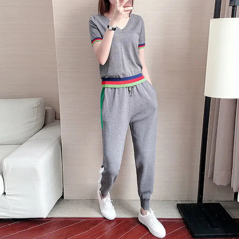 Sports Suit Womens Summer Style Fashion Loose Casual Short Sleeve Color Matching Leggings Two-piece Set Tracksuit 240807