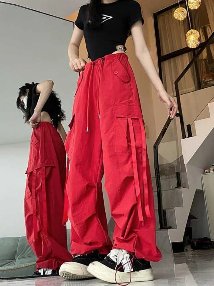 Deeptown Vintage Cargo Women American Retro Fashion Y2k Casual High Street Solid Loose Wide Leg Pants Summer Z260314
