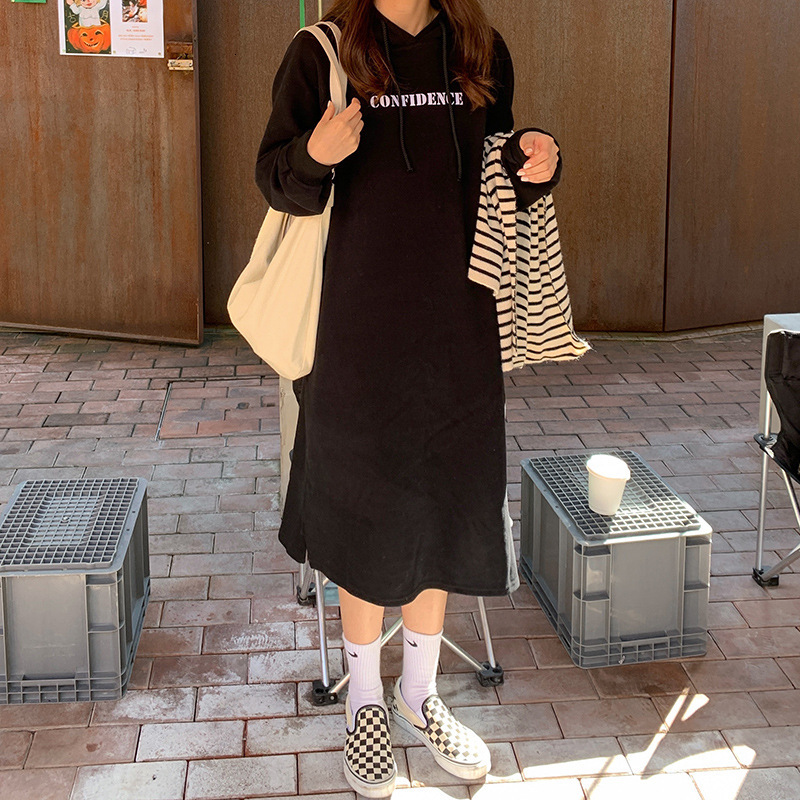 Autumn/Winter New Korean BF Style Split Hem, Loose Slim, Plush and Thick Over Knee Hoodie Long Dress