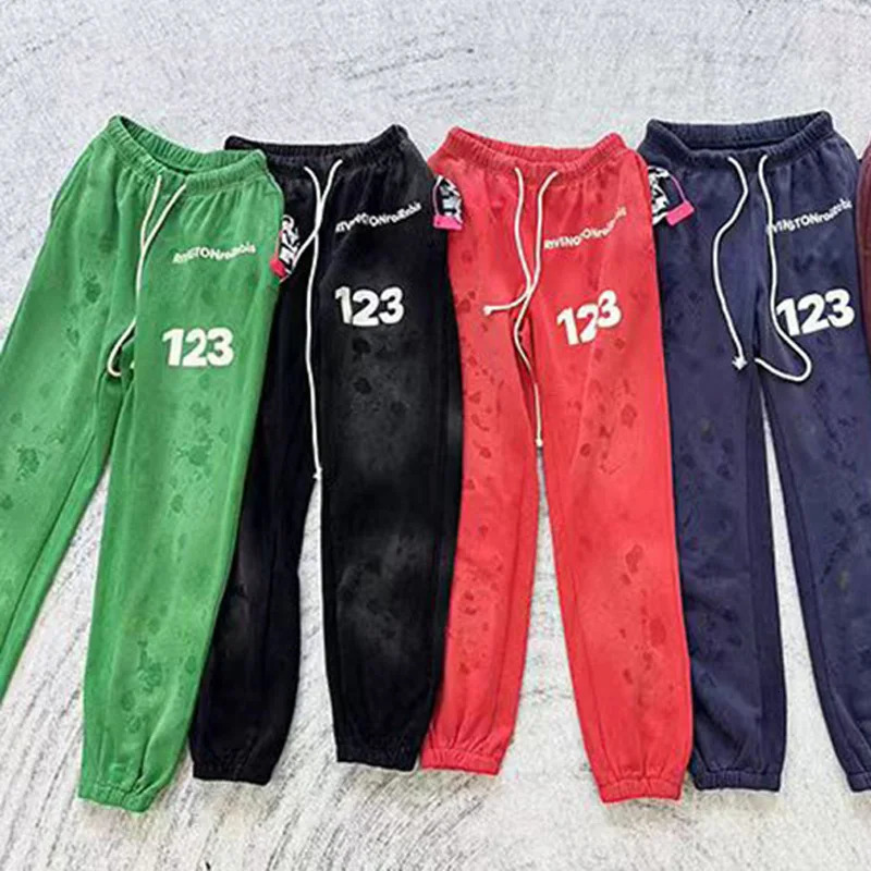 ss RRR123 Pants Men Woman 1 Top Quality Vintage Washed Do Old Graffiti Heavy Fabric Casual Loose Joggers Sweatpants 240806