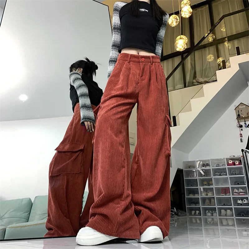 Womens Corduroy Pants Baggy Y2k 90s Streetwear Oversize Wide Leg Oversize Pants Vintage Harajuku High Waist Trousers Clothes 240807