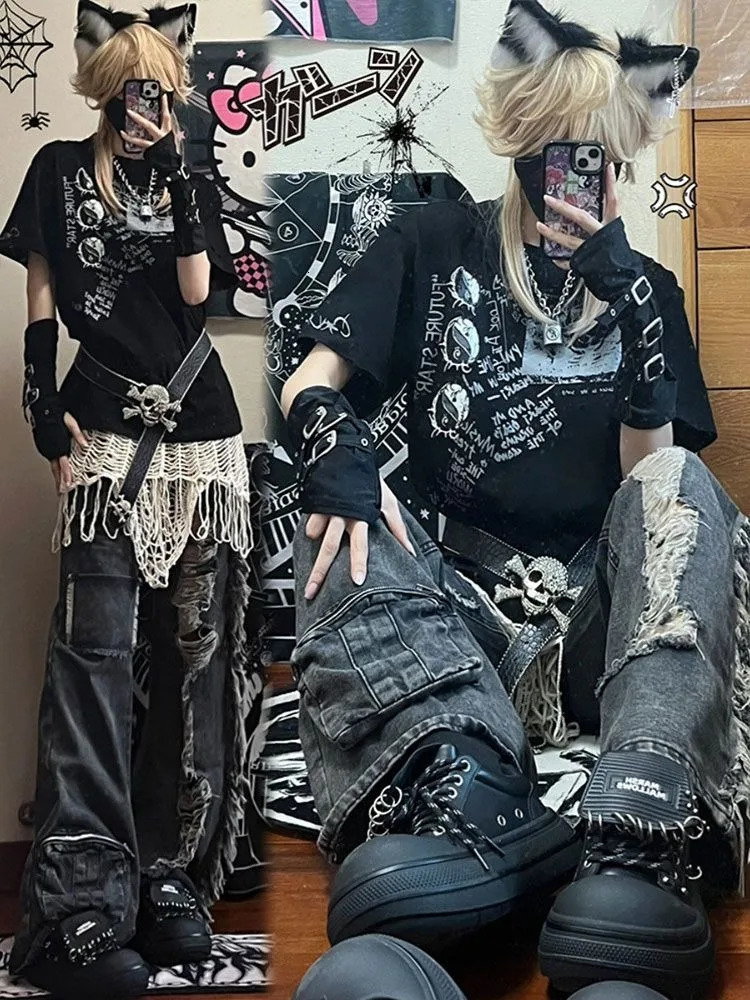 American Heavy Hole Denim Cargo Pants Y2k E-Girl High Waist Street Straight Trousers Summer Loose Bell Bottom Jeans 240807