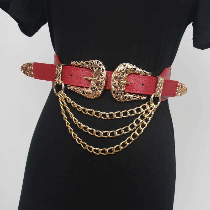 Double Vintage Curving Metal Buckles PU Waist Belt For Women Multi-layer Chain Elastic Corset Dress Waistband240723