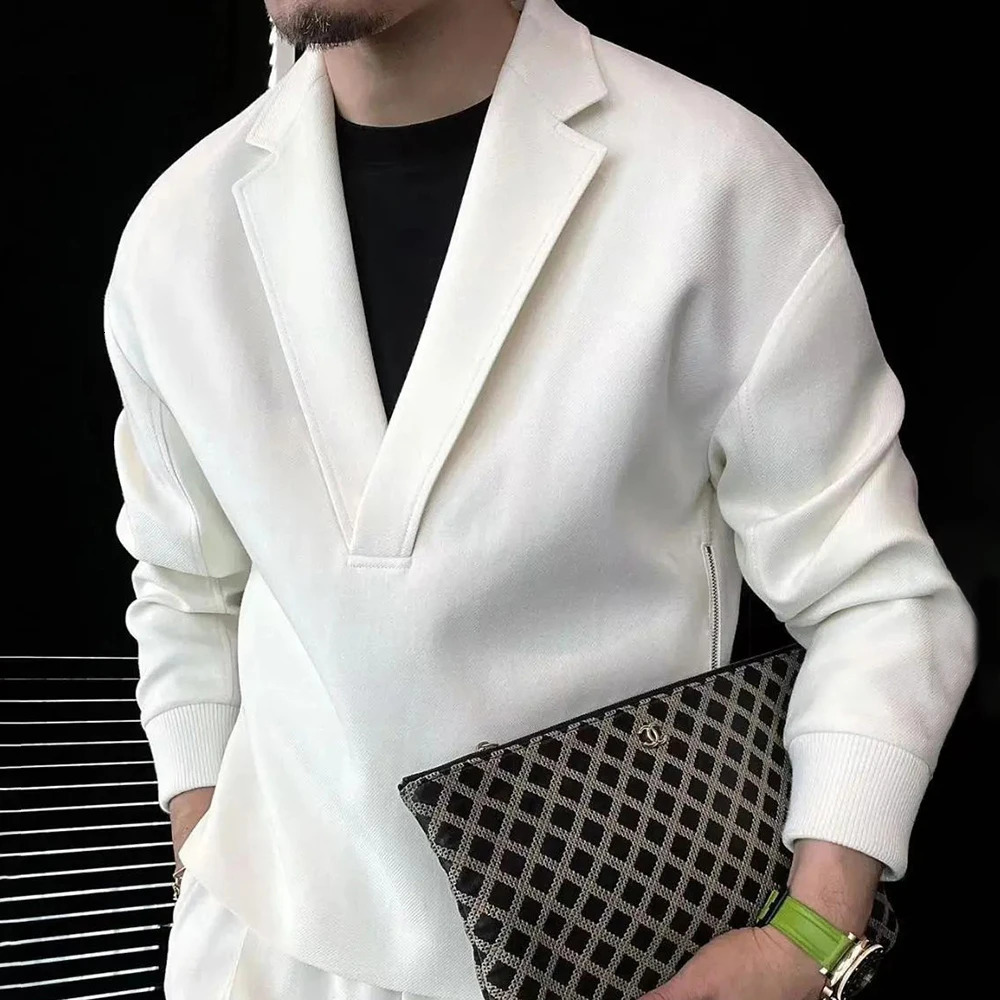 Mens Autumn Casual Simple Double-Sided Zipper Suit French Retro Elegant Solid Color V-Neck Light Mature Style Two-Piece Set 240806 - view 4