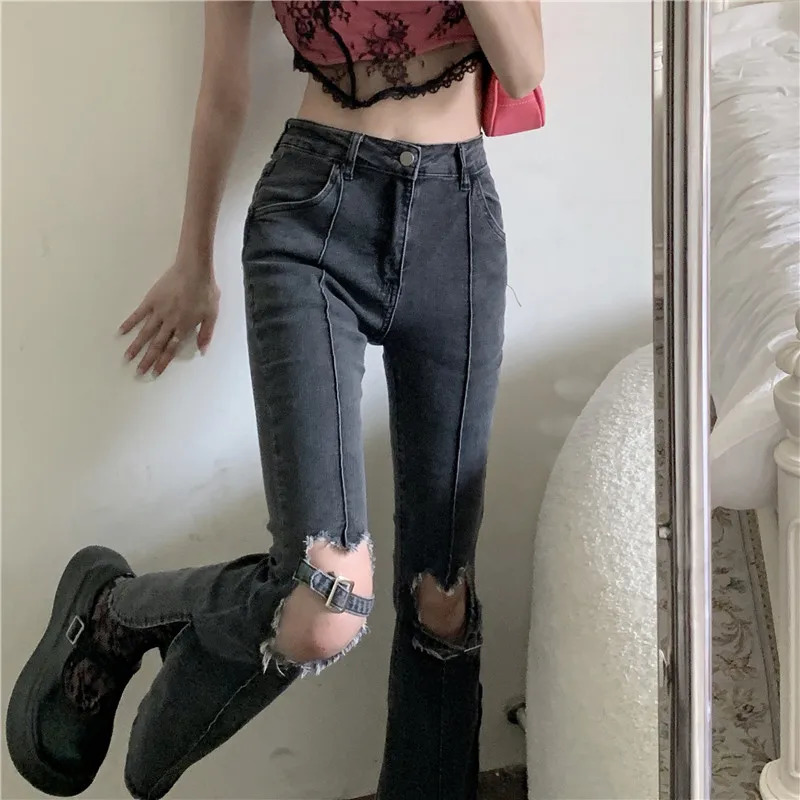 Women Street Ripped Flare Jeans Y2k Baggy Wide Lege Blue Denim Pants Vintage Streetwear High Waist Gray Bell Bottoms 240807