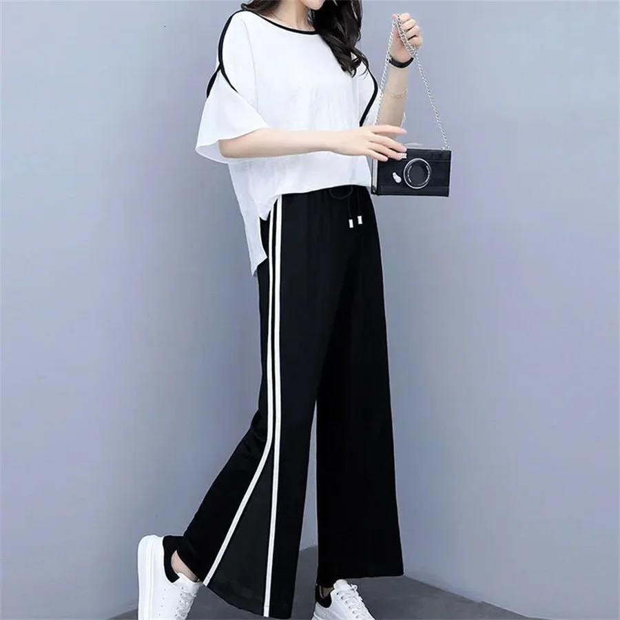 Short Sleeved Wide Leg Trousers Two Piece Set Fashion Loose Casual Sports Suit Women 240807