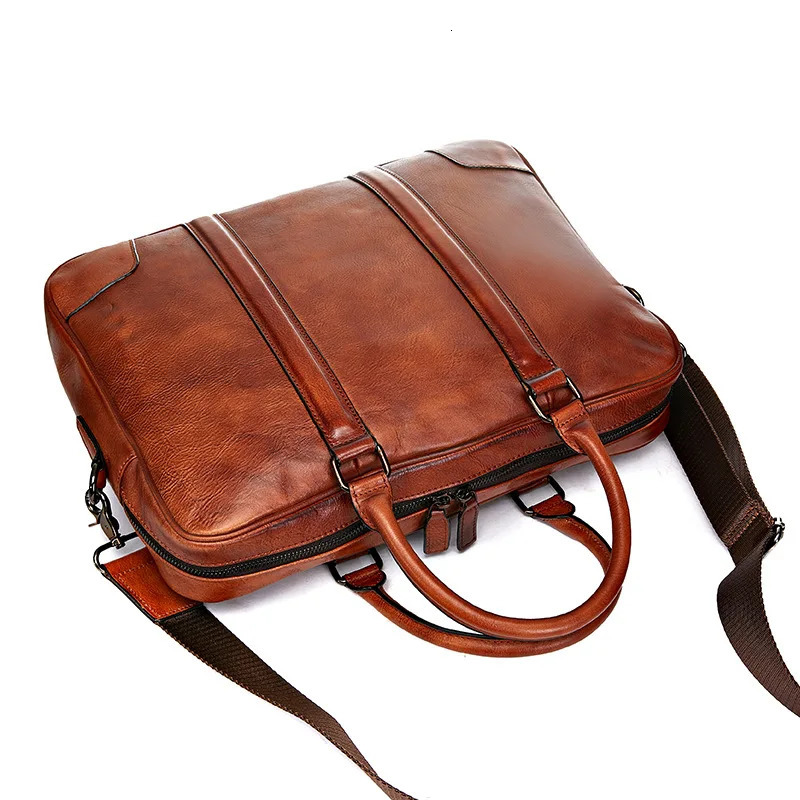 Vintage Computer Briefcase Leather Business Handbag Cowhide Mens Bag Casual Crossbody Shoulder Purses And Handbags 240806