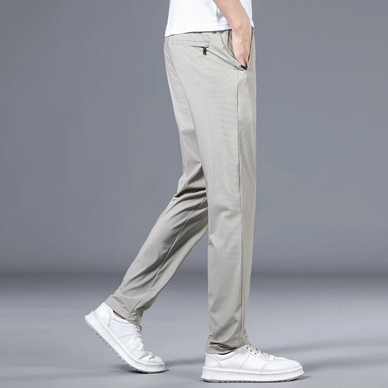 High Elastic Mens Pants Summer Thin Striped Straight Trousers Casual Soft Classic Solid Color Baggy Male Clothes Business Pant 240806