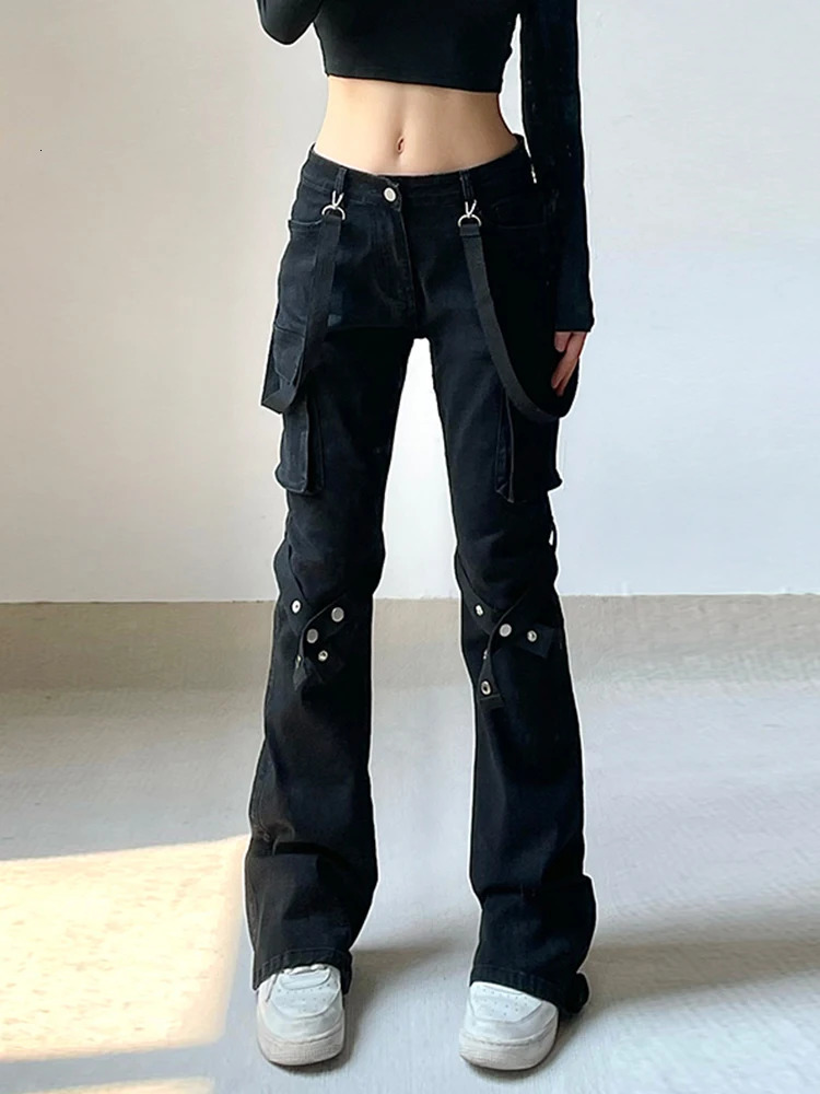AltGoth Harajuku Streetwear Emo Alt Straight Pants Women Y2k E-girl Dark Academia Gothic Metal Buckle Leg Ring Trousers Female 240807